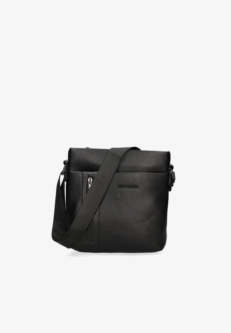 Borsa a tracolla nera in pelle con finitura testurizzata, tasca con zip e tracolla regolabile con marchio in rilievo sul davanti.