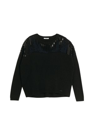 Sort langærmet sweater med rund halsudskæring og palietdetaljer over skuldre og øverste bryst.
