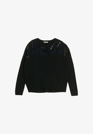 Black long-sleeve sweater with round neckline and sequined detailing across shoulders and upper chest.