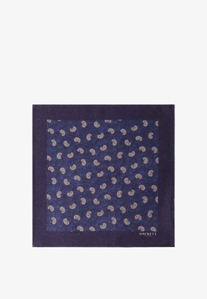 Donkerblauw pochet met een donkerdere rand en een beige paisley-patroon verspreid over het midden, met het merk "Hackett London" in de hoek.