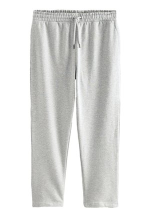 Pantaloni della tuta grigio chiaro con vita elastica, coulisse regolabile e gambe strette. Realizzati in tessuto morbido e leggermente strutturato.