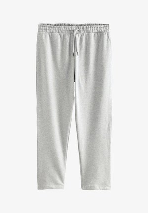 Pantaloni della tuta grigio chiaro con vita elastica, coulisse regolabile e gambe strette. Realizzati in tessuto morbido e leggermente strutturato.