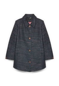 Navyblauer Tweedmantel mit mehrfarbigen Flecken, mit einem spitzen Kragen und roségoldenen Knöpfen, Vorderansicht.