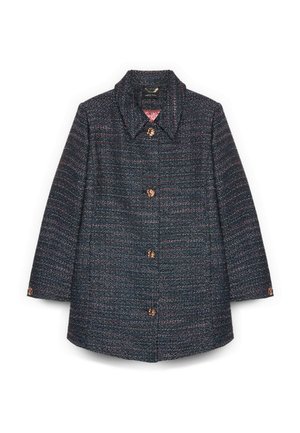 Cappotto in tweed blu navy con spezzature multicolori, dotato di collo a punta e bottoni in oro rosa, mostrato vista frontale.