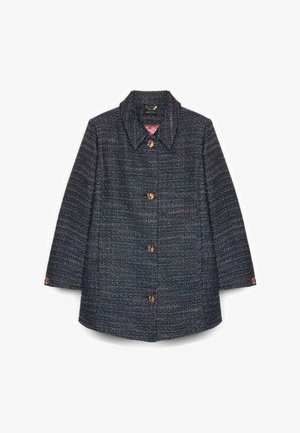 Abrigo de tweed en azul marino con motas multicolores, con un cuello puntiagudo y botones en oro rosa, mostrado en vista frontal.
