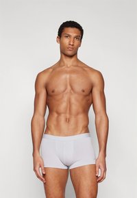 Šviesiai pilkos spalvos bokserinės kelnaitės iš lygaus audinio, su minkšta juosmens juosta ir prigludusiu kirpimu, pasižyminčios minimalistiniu dizainu be raštų.