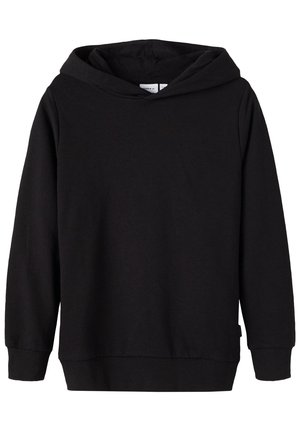 Black hooded sweatshirt made of soft cotton, featuring a relaxed fit, long sleeves, and ribbed cuffs and hem. No visible logos or patterns.