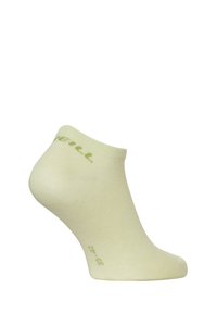 Lichtgroene enkelkous gemaakt van zachte stof, met een geribde rand en subtiele branding aan de bovenkant. Maatgroep: 39-42.