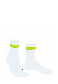 Chaussettes de sport blanches avec une bande verte vif en haut et un logo rouge sur le côté, présentées sur un fond uni.