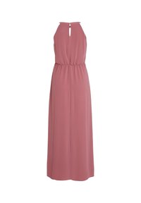 Robe maxi sans manches rose poudré avec taille froncée, encolure en forme de trou de serrure et fermeture à col halter dans le dos.