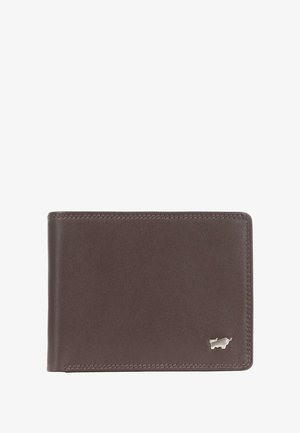 Brauner Leder Geldbeutel mit glatter Oberfläche, kompaktem rechteckigen Format, schlankem Design und einem kleinen silbernen Logo-Akzent in der Ecke.