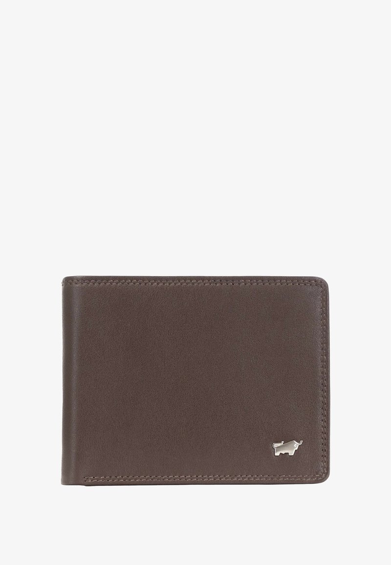 Portafoglio in pelle marrone con una superficie liscia, forma rettangolare compatta, design sottile e un piccolo logo argentato in un angolo.