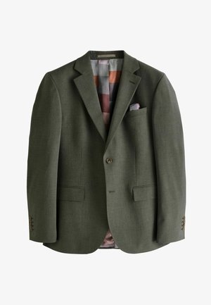 Olivgrüner Blazer mit taillierter Passform, einreihigem Knopfverschluss, zwei Vorderaschen und gemusterter Futter in Grautönen, Braun und Pfirsich.