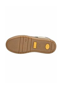 Soletta in gomma di colore beige, caratterizzata da scanalature di trazione testurizzate, un accento del logo giallo e un dettaglio a motivo circolare vicino al tallone.