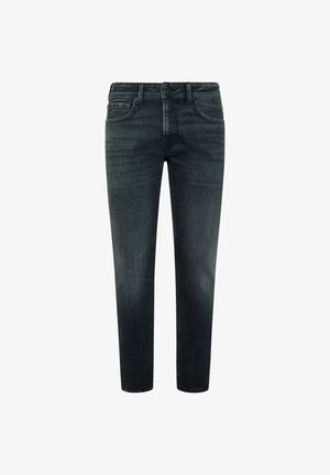 Crne traperice od denima s ravnim krojem, dizajnom od pet džepova i suptilnom izblijedjelom teksturom. Sadrže kopčanje na gumb i petlje za remen.