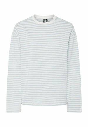 Langærmet skjorte i lyseblå og hvide vandrette striber, lavet af blødt bomuldsstof med rund hals og afslappet pasform.