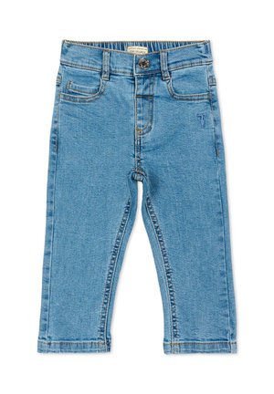 Jeans azzurri chiari per bambini piccoli con tasche anteriori e posteriori, passanti per cintura, chiusura con bottone metallico e piccolo logo ricamato sulla gamba anteriore destra.