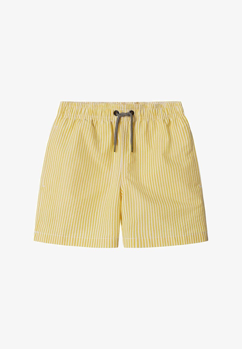 Žlté a biele vertikálne pruhované šortky s elastickým pásom a čiernou šnúrkou uprostred vpredu.