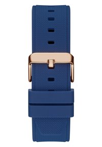 Blauer Gummi-Uhrenarmband mit strukturiertem Muster, goldfarbener Metallschnalle und mehreren Einstelllöchern für die Passform.
