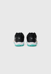 Black athletic shoes featuring a textured upper, white midsole, and turquoise rubber outsole. Black accents with an orange detail on the side.