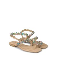 Sandalias planas beige con embellishments de cristal, con múltiples correas y un acabado de ante texturizado, diseñadas con un pequeño tacón.