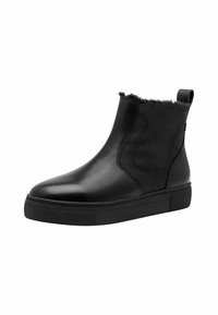 Schwarze Lederstiefelette mit glatter Oberfläche, strukturiertem Seitenpaneel, weichem Fellfutter am Schaft und flacher Gummisohle.