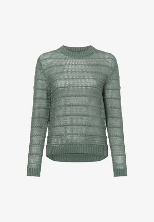 Grüner gestrickter Pullover mit einem strukturierten Muster und horizontalen Streifen, einem runden Halsausschnitt sowie gerippten Bündchen und Saum.