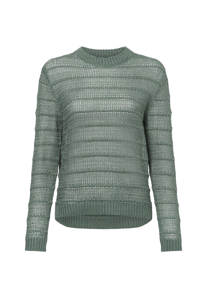 Grüner gestrickter Pullover mit einem strukturierten Muster und horizontalen Streifen, einem runden Halsausschnitt sowie gerippten Bündchen und Saum.