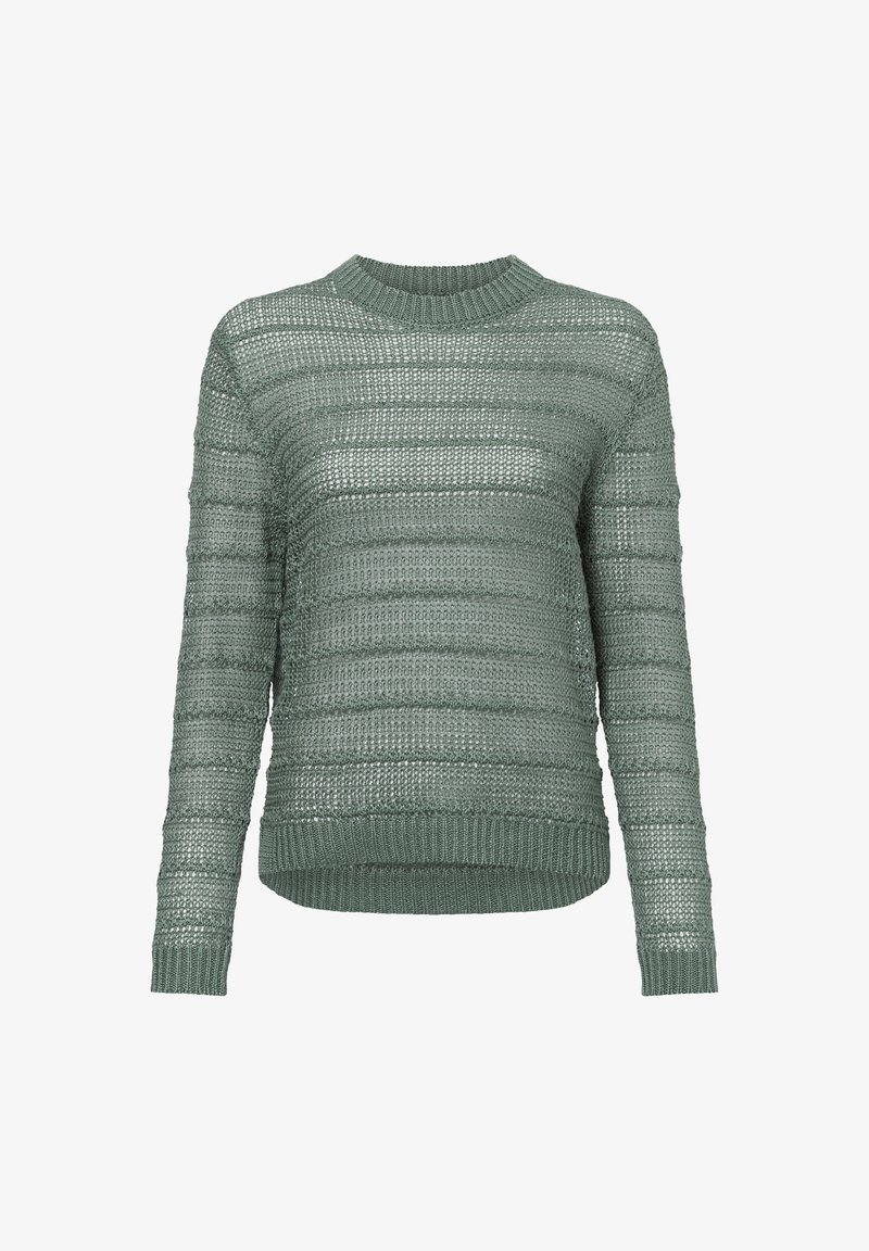 Grüner gestrickter Pullover mit einem strukturierten Muster und horizontalen Streifen, einem runden Halsausschnitt sowie gerippten Bündchen und Saum.