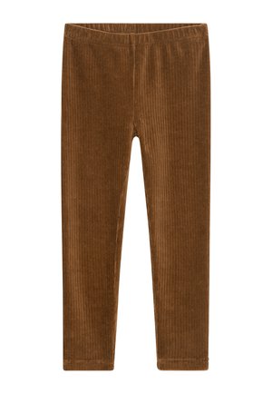 Brown corduroy pants with an elastic waistband, straight legs, and no visible pockets or fastenings.