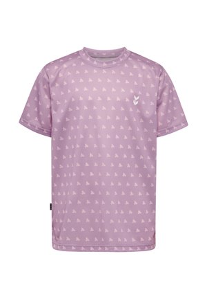 Lilla kortærmet sportsskjorte med små lyserøde cykelmønstre og en hvid chevron-logo på venstre bryst.