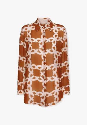 Brązowa i biała koszula w wzory z lekkiego materiału, z długimi rękawami, kołnierzykiem i zapięciem na guziki.