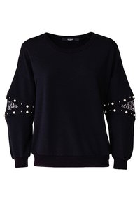 Felpa nera concollo rotondo e maniche oversize decorate con pizzo e perle ai lati. Tessuto morbido e vestibilità rilassata.
