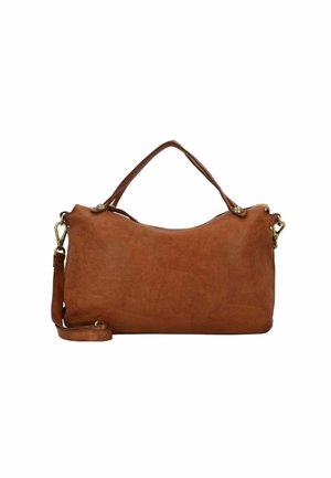 Borsa a mano in pelle color tan con una texture liscia e opaca, dotata di manico corto, tracolla regolabile e dettagli in metallo dorato.