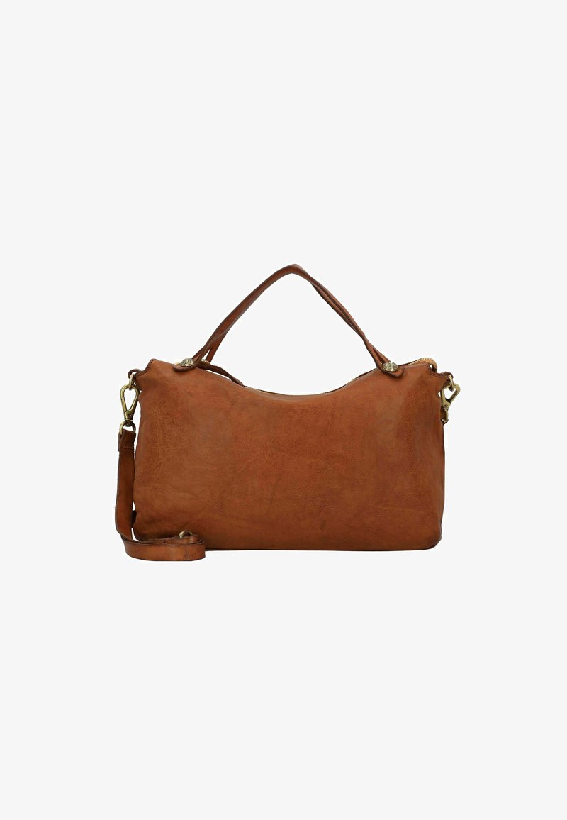 Tasche aus tanfarbenem Leder mit glatter, matter Textur, ausgestattet mit einem kurzen Griff, verstellbarem Riemen und Akzenten in goldfarbener Hardware.