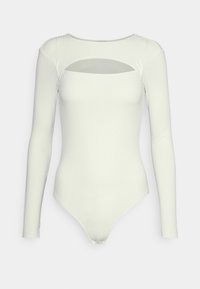 Ribbade långärmade bodysuit i ljuskrämfärg, med en fyrkantig utskärning vid bröstet, enfaldig design och en åtsittande passform med en tanga-botten.