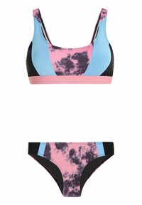 Barevné sportovní bikiny s kombinací modrých, růžových a černých panelů; podprsenka má vzor mraků, měkkou texturu a nastavitelné ramínka.