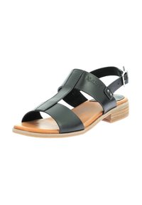 Sandale en cuir noir avec un design à bout ouvert, bride de cheville ajustable et un talon en bois brun. Présente plusieurs brides horizontales à l'avant.