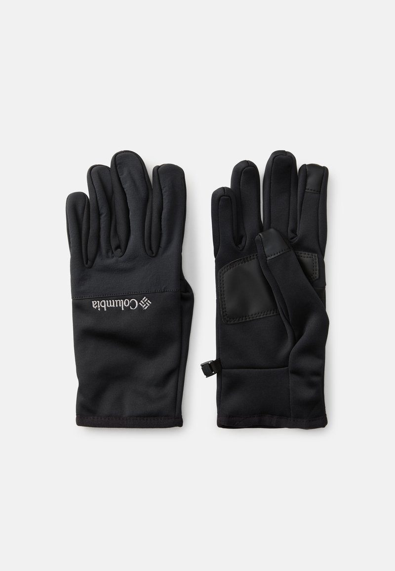 Luvas térmicas pretas feitas de tecido elástico, com uma textura suave, palmas reforçadas e uma fita de Velcro para ajuste regulável.