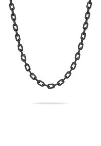 Metalen ketting met afwisselend ovale en rechthoekige schakels in een matte zwarte afwerking, met een uniforme textuur en robuust ontwerp.