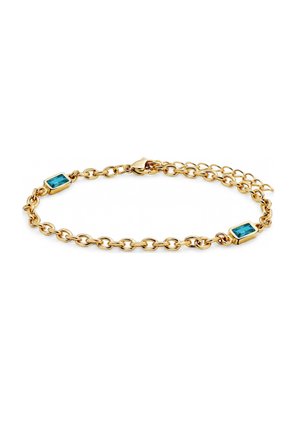 Gold chain bracelet with two rectangular blue gemstones set in gold frames, connected by oval links and a lobster clasp.