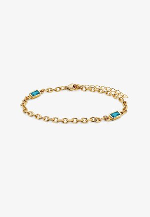 Goldenes Kettenarmband mit zwei rechteckigen blauen Edelsteinen in Goldfassungen, verbunden durch ovale Glieder und einem Karabinerverschluss.