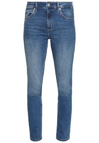 Blue denim skinny jeans with a mid-rise waist, featuring five pockets and slight fading at the knees. Classic zipper and button closure.