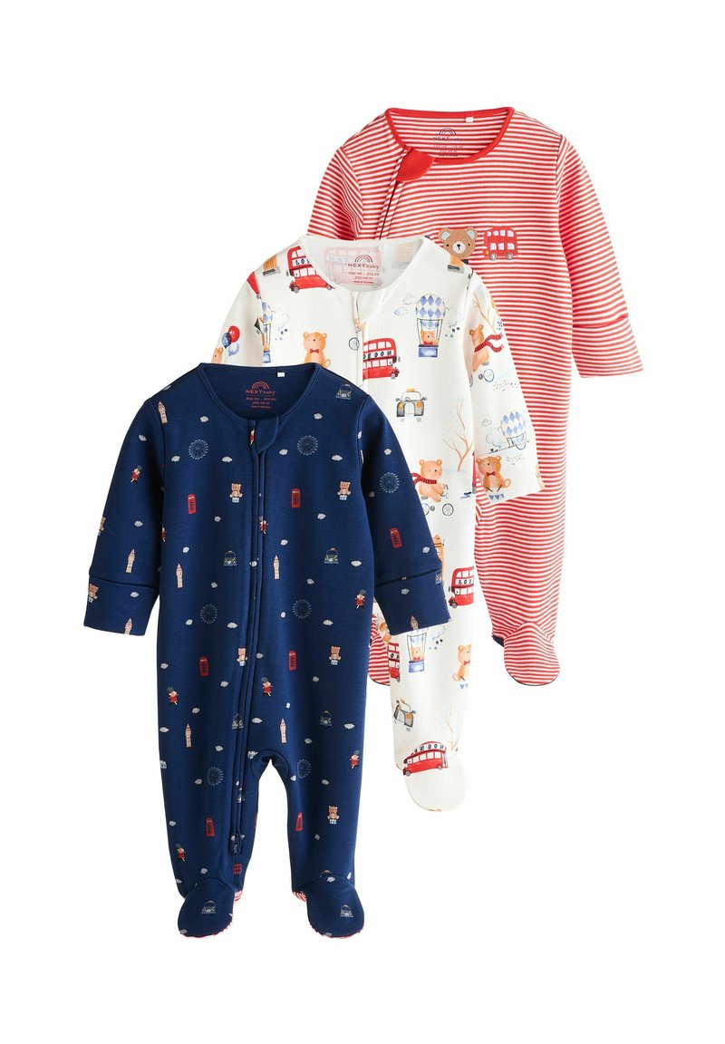 Drei Baby-Schlafanzüge: navyblau mit Bärenmotiv, weiß mit Illustrationen und rot gestreift. Aus Baumwollstoff, mit Druckknopf- und Reißverschluss, Füße eingelassen.