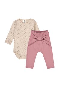 Long-sleeve bodysuit in cream with floral print, paired with pink leggings featuring a front knot design and soft fabric.