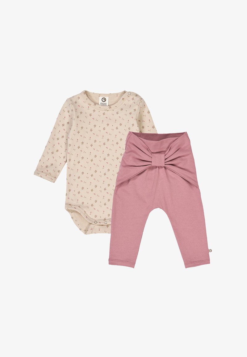 Long-sleeve bodysuit in cream with floral print, paired with pink leggings featuring a front knot design and soft fabric.