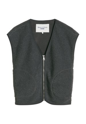 Veste sans manches en polaire gris foncé avec fermeture éclair à l'avant et poches plaquées, étiquette de marque Marc O'Polo Denim à l'intérieur de l'encolure.