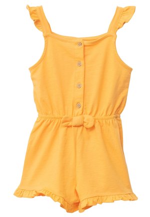 Mono amarillo sin mangas con tirantes con volantes, botones en la parte delantera, cintura elástica y un lazo decorativo. Presenta dobladillos con volantes en los pantalones cortos.