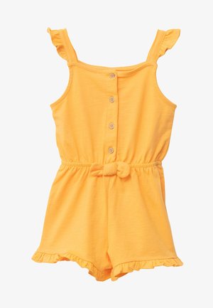 Combinaison jaune sans manches avec bretelles à volants, boutonnière avant, taille élastique et accent nœud noué. Comprend des ourlets à volants sur les shorts.