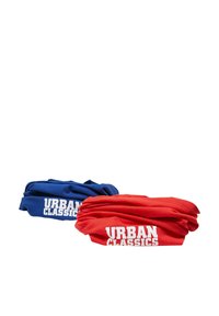 Duos kaklo apsaugai: viena mėlyna ir viena raudona. Abi pagamintos iš minkštos medžiagos su glotniu paviršiumi ir turi ryškius baltus užrašus "URBAN CLASSICS".